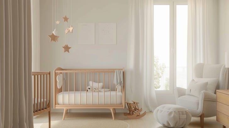 Warm modern nursery with crib and rocking chair, prepared for a newborn